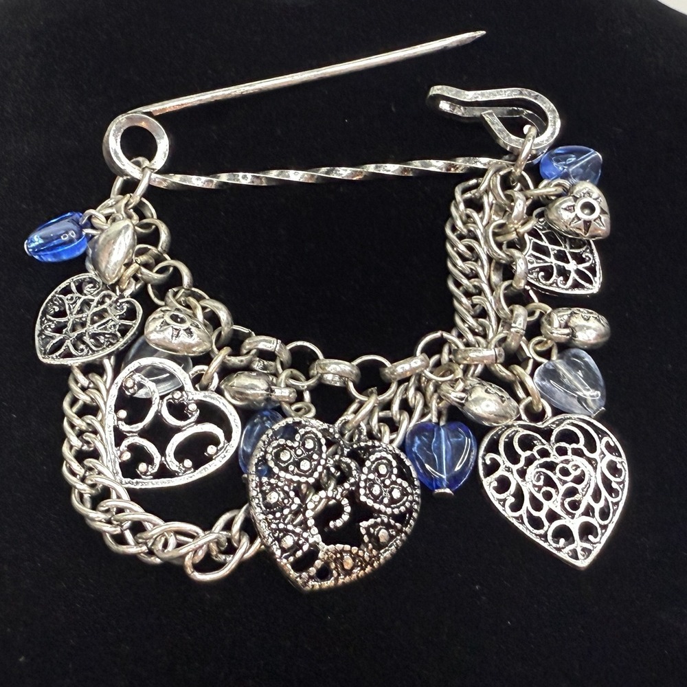VTG Heart Charm Cluster Lapel Pin Brooch Silver and Blue Beads Statement Jewelry - Picture 4 of 6